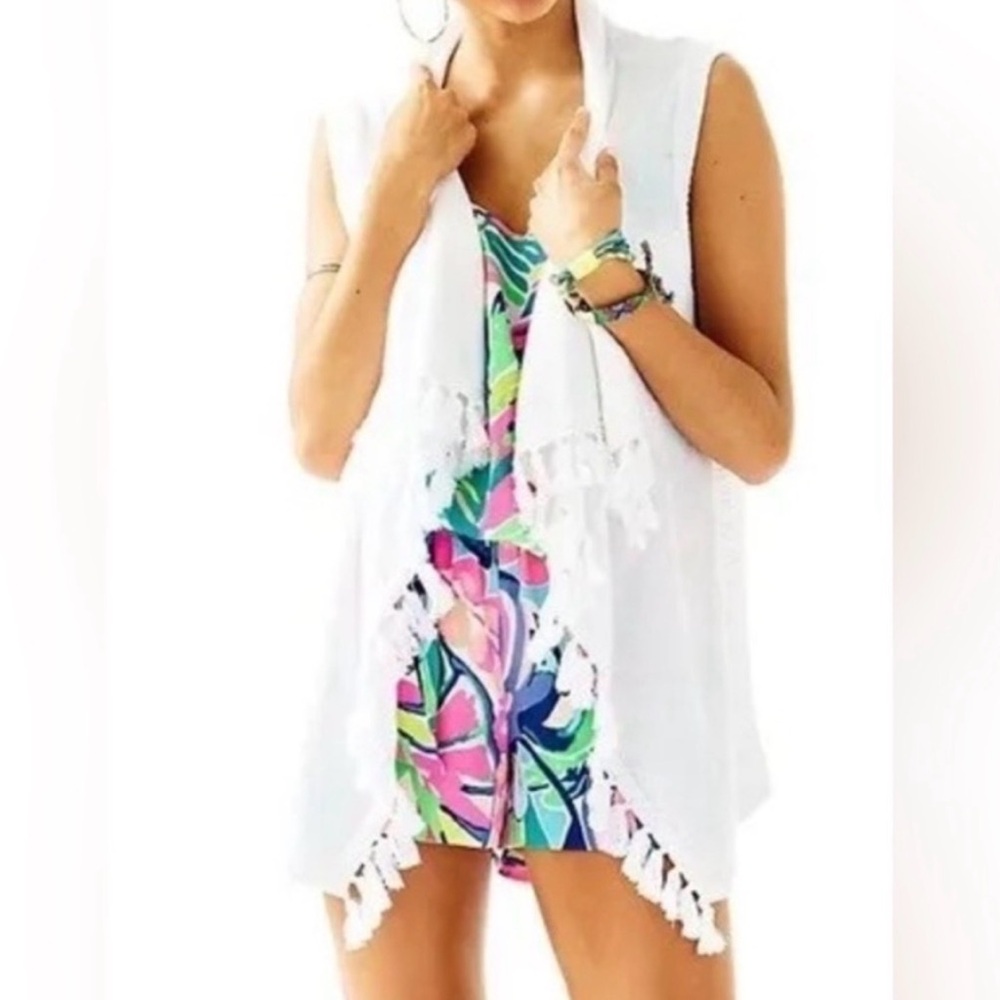Lilly Pulitzer Abbott Sweater White Sleeveless Fringe Open Cascading Vest Medium